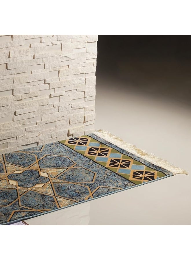 سجادتي سجادة صلاة بتصميم رخامي فاخر ناعمة وغير قابلة للانزلاق، باللونين الأزرق والذهبي بتصميم عصري كلاسيكي للمنزل أو المسجد متعدد الإستخدام مقاس 110*70 - Image 1
