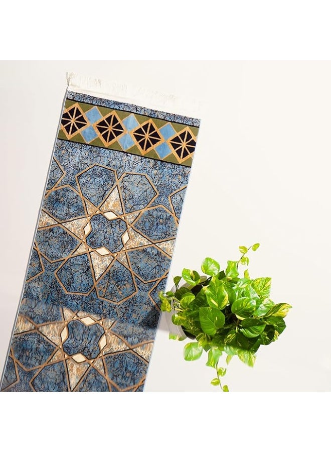 سجادتي سجادة صلاة بتصميم رخامي فاخر ناعمة وغير قابلة للانزلاق، باللونين الأزرق والذهبي بتصميم عصري كلاسيكي للمنزل أو المسجد متعدد الإستخدام مقاس 110*70 - Image 2