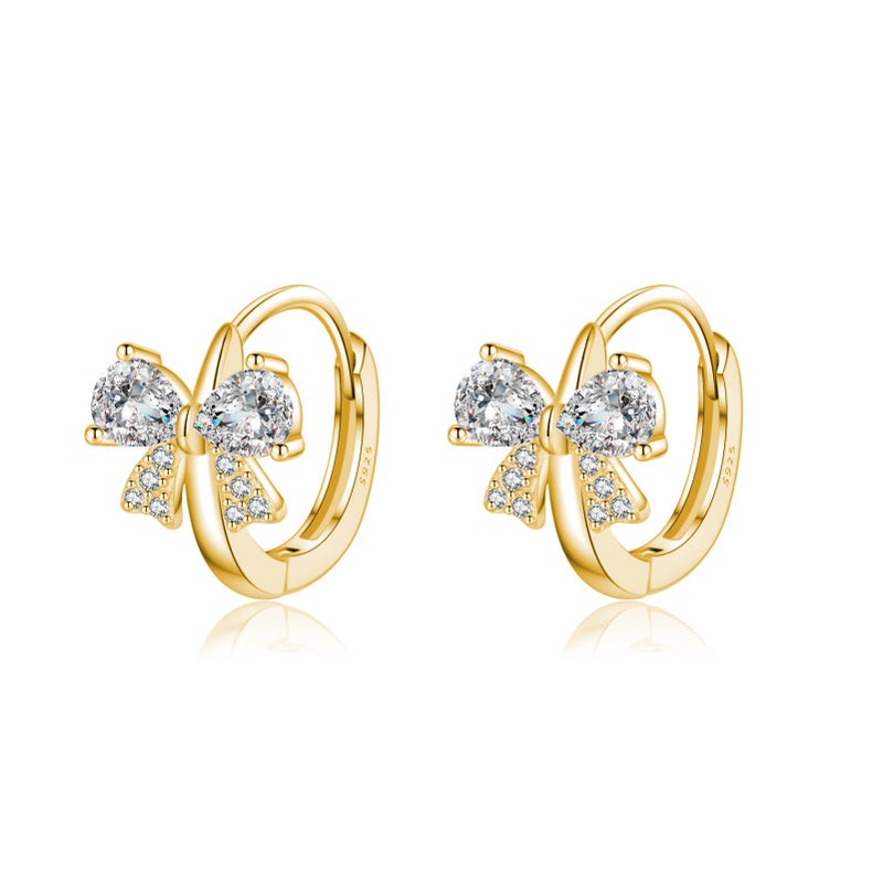 Reffeer Solid 925 Sterling Silver CZ Bow Hoop Earrings for Women Teen Girls Cute Bow Earrings Huggie (B-Gold) - Image 1