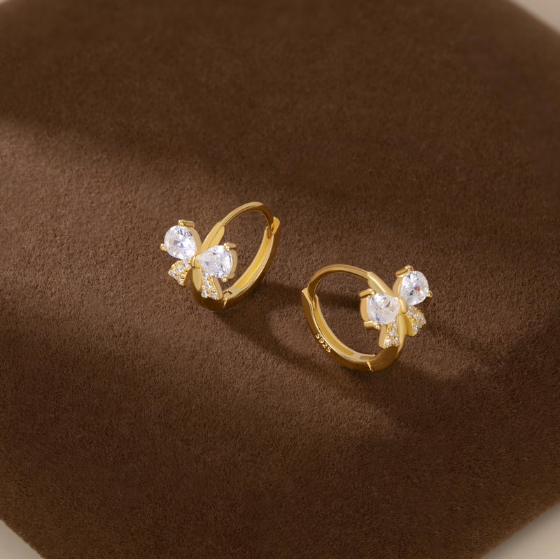 Reffeer Solid 925 Sterling Silver CZ Bow Hoop Earrings for Women Teen Girls Cute Bow Earrings Huggie (B-Gold) - Image 5