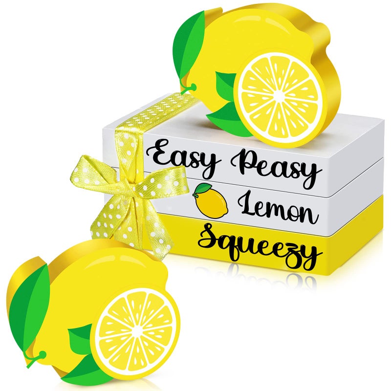 Chunful Chunful 4 Pieces Lemon Tiered Tray Decorations Mini Wooden Books Stack Summer Table Decor for Home Kitchen Party Shelf Farmhouse Accessories 
