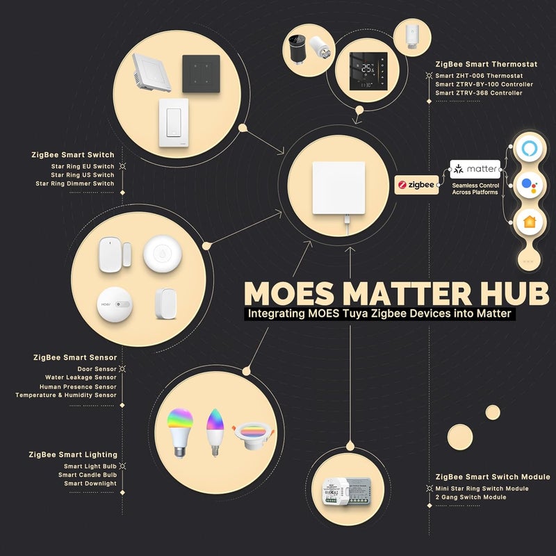 مويس بوابة MOES Matter ZigBee - مركز لأجهزة ZigBee من نوع MOES - توصيل عبر USB-C وRJ45 لشبكة LAN، التحكم عبر التطبيقات والصوت، متوافقة مع خدمات Alexa وGoogle Home وApple Home. - Image 3
