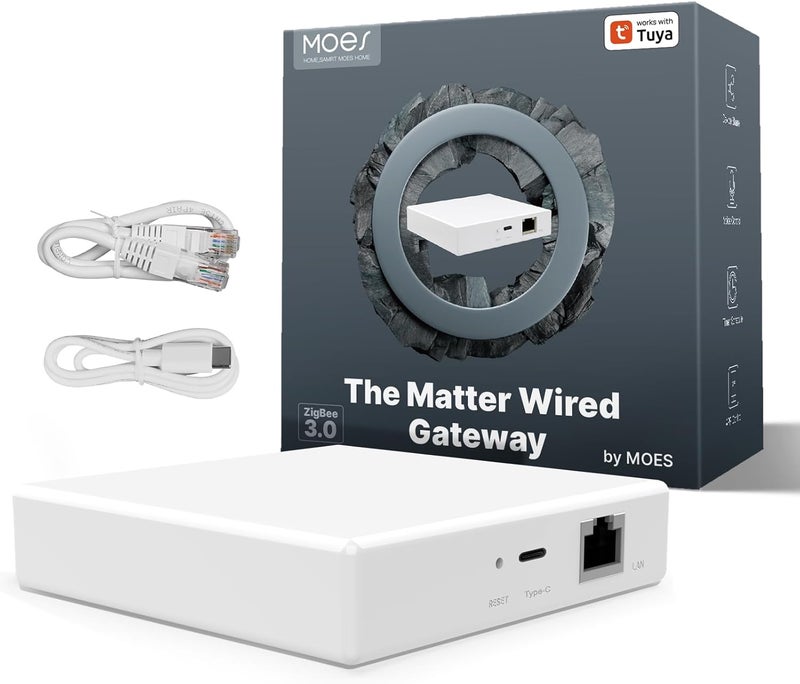 مويس بوابة MOES Matter ZigBee - مركز لأجهزة ZigBee من نوع MOES - توصيل عبر USB-C وRJ45 لشبكة LAN، التحكم عبر التطبيقات والصوت، متوافقة مع خدمات Alexa وGoogle Home وApple Home. - Image 1