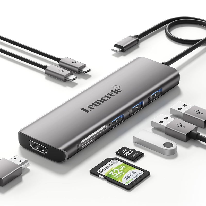 Lemorele 8-in-1 USB Hub for Laptop - 4K UHD HDMI Port, Space Aluminum Type-C Hub, USB 3.0 High-Speed Data Ports, PD 100W Fast Charging, SD/TF Card Slots, Compatible with Mac OS & Windows Systems - Image 1