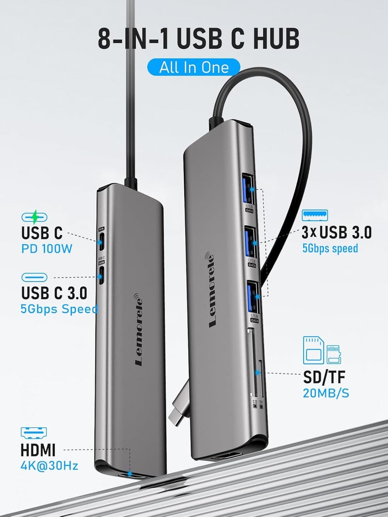 Lemorele 8-in-1 USB Hub for Laptop - 4K UHD HDMI Port, Space Aluminum Type-C Hub, USB 3.0 High-Speed Data Ports, PD 100W Fast Charging, SD/TF Card Slots, Compatible with Mac OS & Windows Systems - Image 2