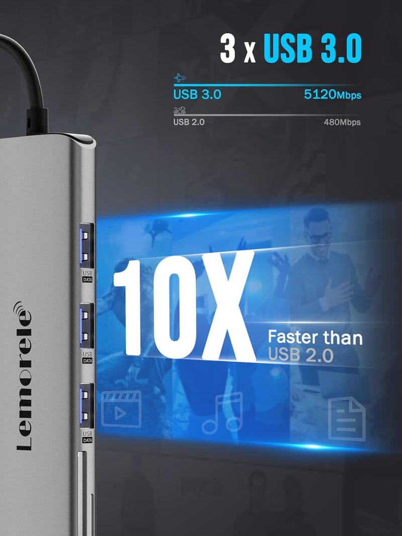 Lemorele 8-in-1 USB Hub for Laptop - 4K UHD HDMI Port, Space Aluminum Type-C Hub, USB 3.0 High-Speed Data Ports, PD 100W Fast Charging, SD/TF Card Slots, Compatible with Mac OS & Windows Systems - Image 5