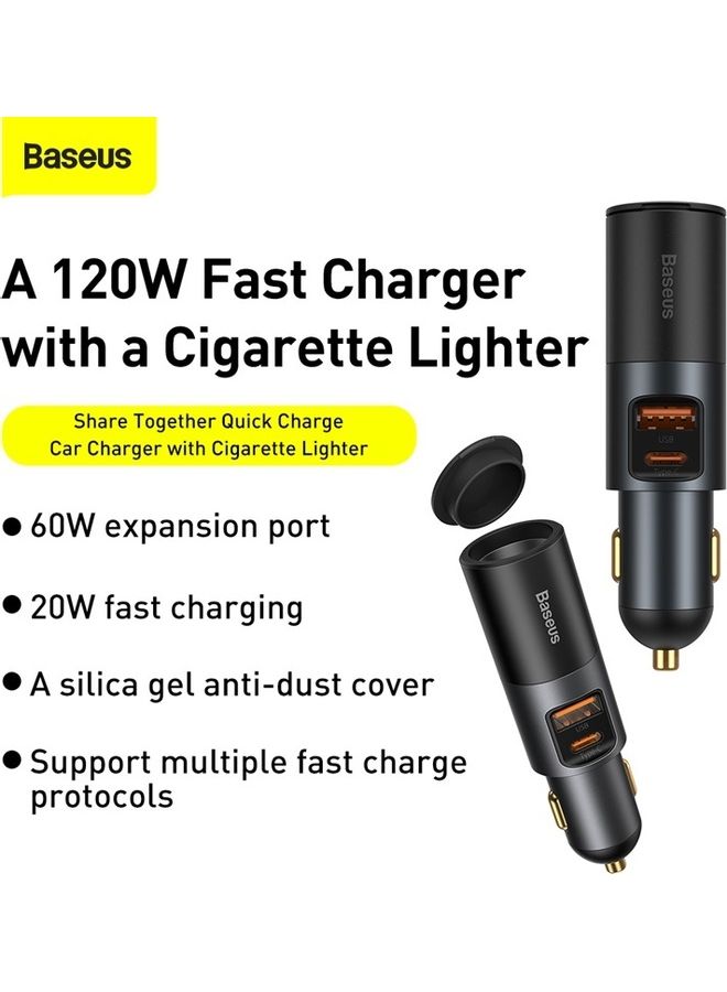 بيسوس شاحن سيارة بمنفذ USB C وقدرة 120 وات، ومنافذ USB متعددة، يعمل بتقنية الشحن السريع QC 3.0 وPD 3.0، بقدرة 30 وات + 30 وات + 60 وات، بمنفذ USB واحد ومنفذ Type-C واحد ومنافذ توسيع، ومزود بولاعة سجائر، لشحن الهواتف الذكية/ أجهزة التابلت/جهاز سويتش أسود - Image 2
