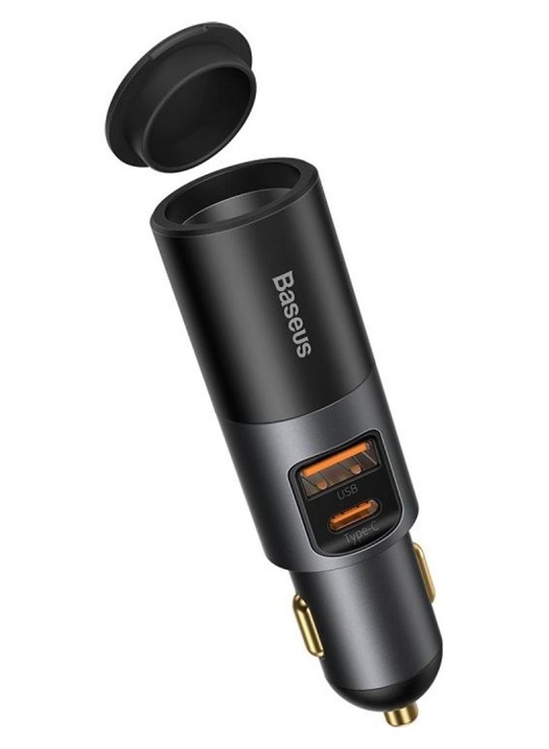 بيسوس شاحن سيارة بمنفذ USB C وقدرة 120 وات، ومنافذ USB متعددة، يعمل بتقنية الشحن السريع QC 3.0 وPD 3.0، بقدرة 30 وات + 30 وات + 60 وات، بمنفذ USB واحد ومنفذ Type-C واحد ومنافذ توسيع، ومزود بولاعة سجائر، لشحن الهواتف الذكية/ أجهزة التابلت/جهاز سويتش أسود - Image 1
