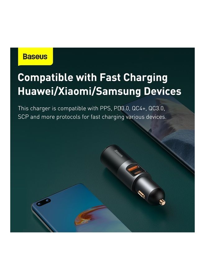 بيسوس شاحن سيارة بمنفذ USB C وقدرة 120 وات، ومنافذ USB متعددة، يعمل بتقنية الشحن السريع QC 3.0 وPD 3.0، بقدرة 30 وات + 30 وات + 60 وات، بمنفذ USB واحد ومنفذ Type-C واحد ومنافذ توسيع، ومزود بولاعة سجائر، لشحن الهواتف الذكية/ أجهزة التابلت/جهاز سويتش أسود - Image 5