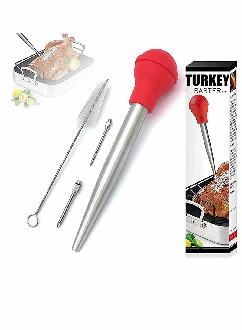 Excefore Barbecue Seasoning Tools Cooking Set Food-Grade Stainless Steel Meat Baster Syringe 2 Marinade Needles And Cleaning Brush (Red) - Image 1