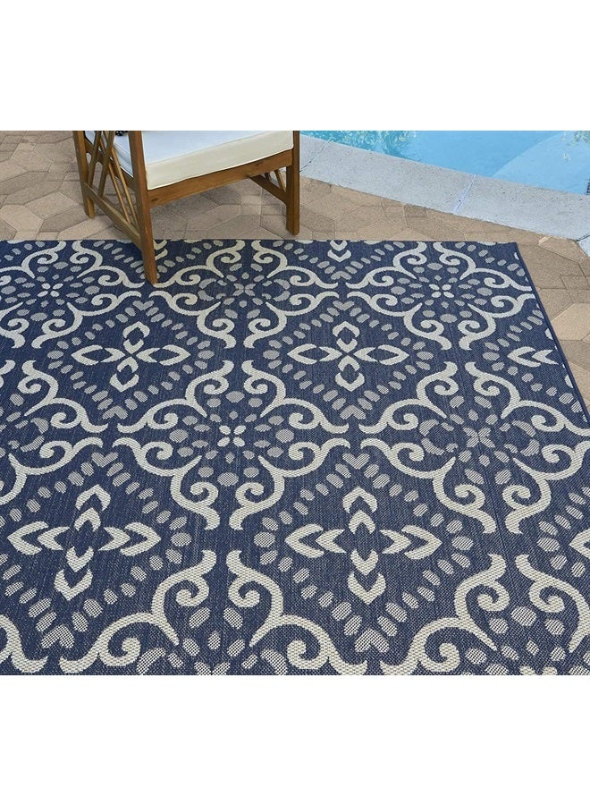 Gertmenian Indoor Outdoor Area Rug, Classic Flatweave, Washable, Stain & UV Resistant Carpet, Deck, Patio, Poolside & Mudroom, 8x10 Ft Large, Floral Medallion, Navy Blue, 21571 