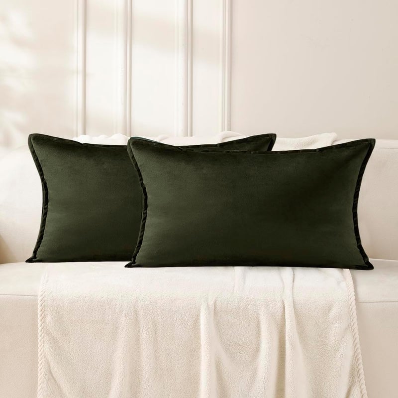 VAKADO Throw Pillow Covers 12x20 Set of 2 Olive Green Velvet Decor Decorative Couch Cushion Euro Xmas Pillowcases with Fringe Home Bed Decoration for Sofa Bedroom Office - Image 1