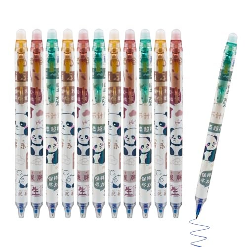 WISHKEY Panda Theme Stylish Retractable Pens for Kids, 0.5mm Erasable Gel Pen Set for Girls & Boys, Smooth Writing Quick Dry Ink Elegant Pen for School Office Supplies, Blue Ink, 8+Years (Set of 12) - Image 1