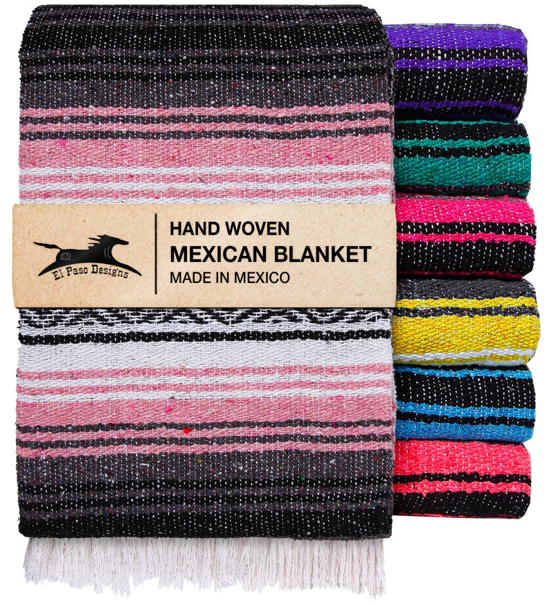El Paso Designs Mexican Yoga Blanket â€“ Colorful Falsa Serape Throw for Yoga, Beach, Picnic, Saddle, or Home DÃ©cor â€“ Soft Woven Boho Blanket (Pink and Gray) - Image 1