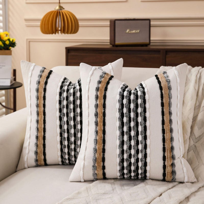 KOOLIFE Boho Striped Throw Pillow Covers 18x18 Inch Set of 2 Farmhouse Square Decorative Pillow Covers Chenille Tufted Accent Neutral Pillowcase Black Grey Cushion Cover for Living Room Couch Sofa Bed - Image 2