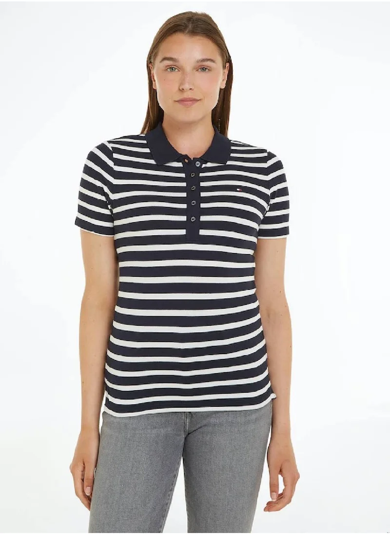 TOMMY HILFIGER Women's 1985 Collection Stripe Slim Polo -  Stretch organic cotton pique, Off White/ Navy