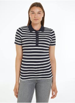 TOMMY HILFIGER Women's 1985 Collection Stripe Slim Polo -  Stretch organic cotton pique, Off White/ Navy  - Image 2