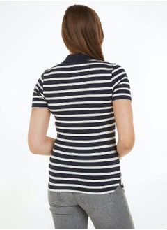 TOMMY HILFIGER Women's 1985 Collection Stripe Slim Polo -  Stretch organic cotton pique, Off White/ Navy  - Image 3