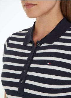 TOMMY HILFIGER Women's 1985 Collection Stripe Slim Polo -  Stretch organic cotton pique, Off White/ Navy  - Image 5
