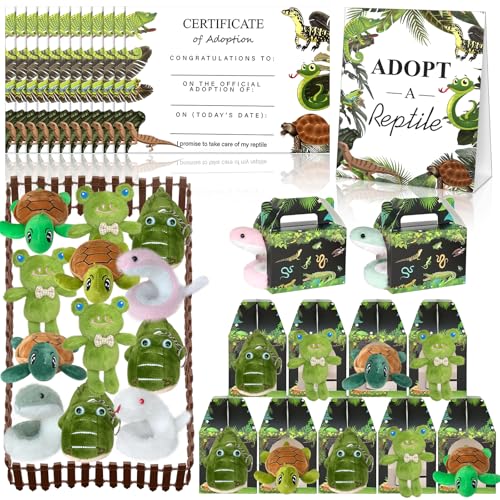 Gaiaring 38 Pcs Adopt a Pet Reptile Party Favors Include 12 Safari Reptile Plush 12 Foldable Boxes 12 Cards 1 Sign 1 Fence for Adopt an Animal Party Favors Amphibian Supplies Kit - Image 1