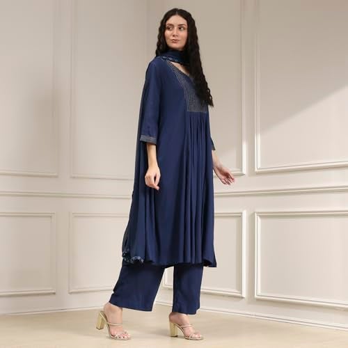Biba Women Blue Viscose Rayon Gathered Dyed Kurta Set_38 - Image 4