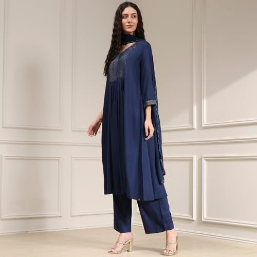 Biba Women Blue Viscose Rayon Gathered Dyed Kurta Set_38 - Image 3