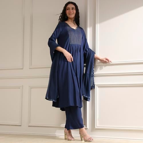 Biba Women Blue Viscose Rayon Gathered Dyed Kurta Set_38 - Image 2