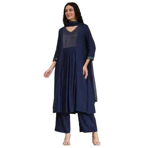 Biba Women Blue Viscose Rayon Gathered Dyed Kurta Set_38 - Image 1