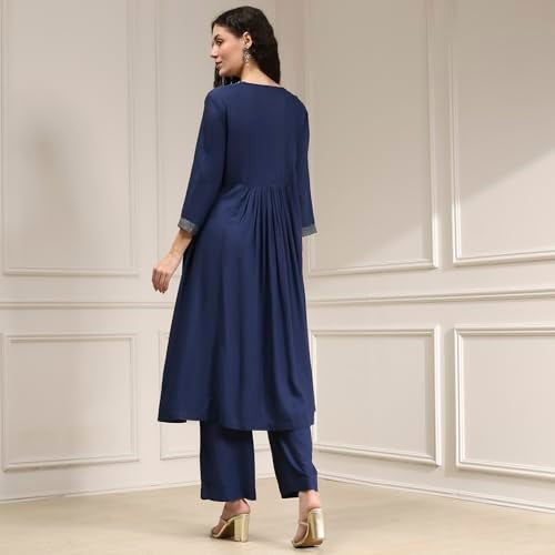 Biba Women Blue Viscose Rayon Gathered Dyed Kurta Set_38 - Image 5