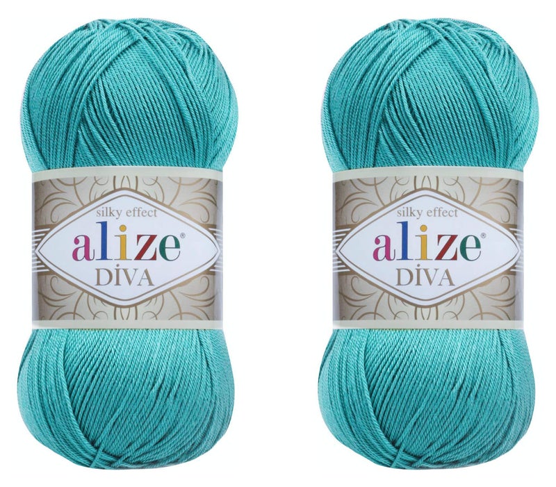 Alize Diva Yarn Hand Knitting Yarn 100% Microfiber Acrylic Yarn Alize Diva Silk Effect Thread Crochet Art Lace Craft Lot of 2 skeins 200gr 767 yds (376-Cyan)