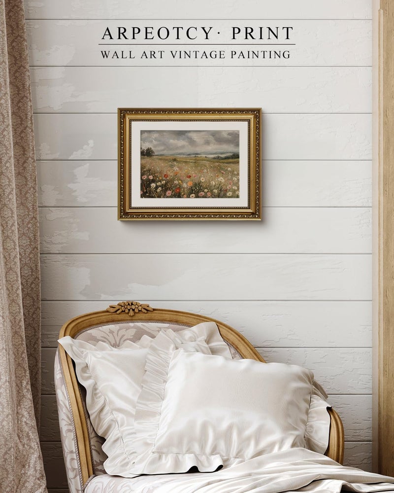 ARPEOTCY ديكور لوحة حائط عتيقة مؤطرة بالذهب، صورة زهور برية حالمة مقاس 11x14 بوصة، فن حائط مناظر طبيعية لمزرعة رجعية لغرفة المعيشة وغرفة النوم، ديكور حمام ريفي جمالي - Image 2