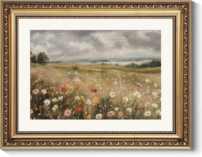 ARPEOTCY ديكور لوحة حائط عتيقة مؤطرة بالذهب، صورة زهور برية حالمة مقاس 11x14 بوصة، فن حائط مناظر طبيعية لمزرعة رجعية لغرفة المعيشة وغرفة النوم، ديكور حمام ريفي جمالي - Image 1