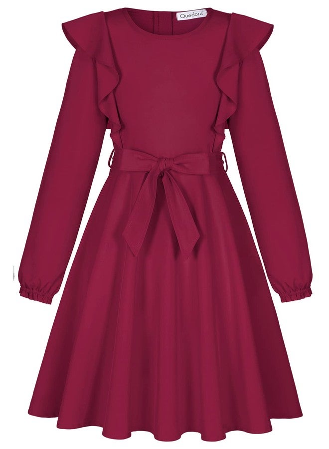 Quedoris Girls Ruffle Trim Dress Print and Solid Color A-line Swing Flared Belted Casual Party Dress with Zipper, Wine Fall, 11-12 Years - Image 2
