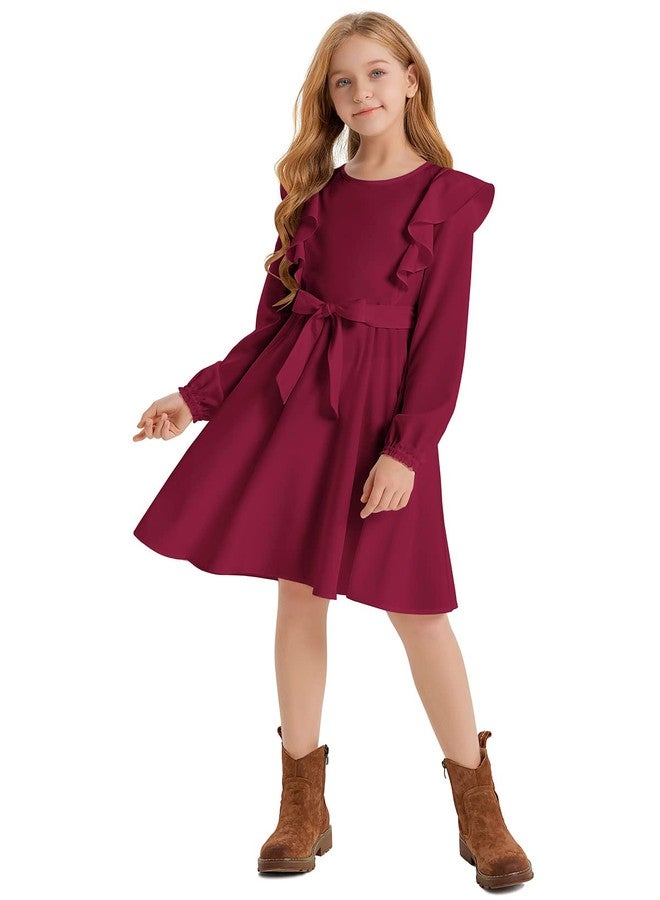 Quedoris Girls Ruffle Trim Dress Print and Solid Color A-line Swing Flared Belted Casual Party Dress with Zipper, Wine Fall, 11-12 Years - Image 3