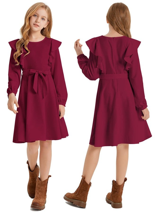 Quedoris Girls Ruffle Trim Dress Print and Solid Color A-line Swing Flared Belted Casual Party Dress with Zipper, Wine Fall, 11-12 Years - Image 4
