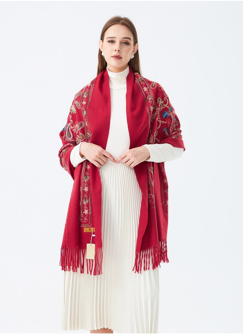 Sky cashmere - Embroidered Shawl with Fringe - Image 1