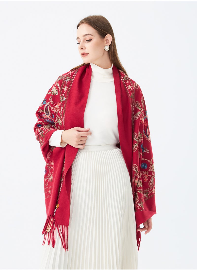 Sky cashmere - Embroidered Shawl with Fringe - Image 1