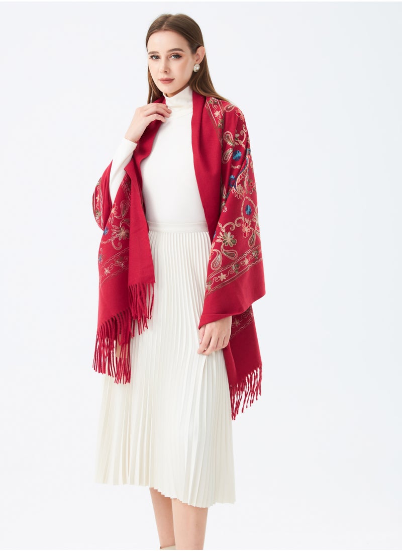 Sky cashmere - Embroidered Shawl with Fringe - Image 1