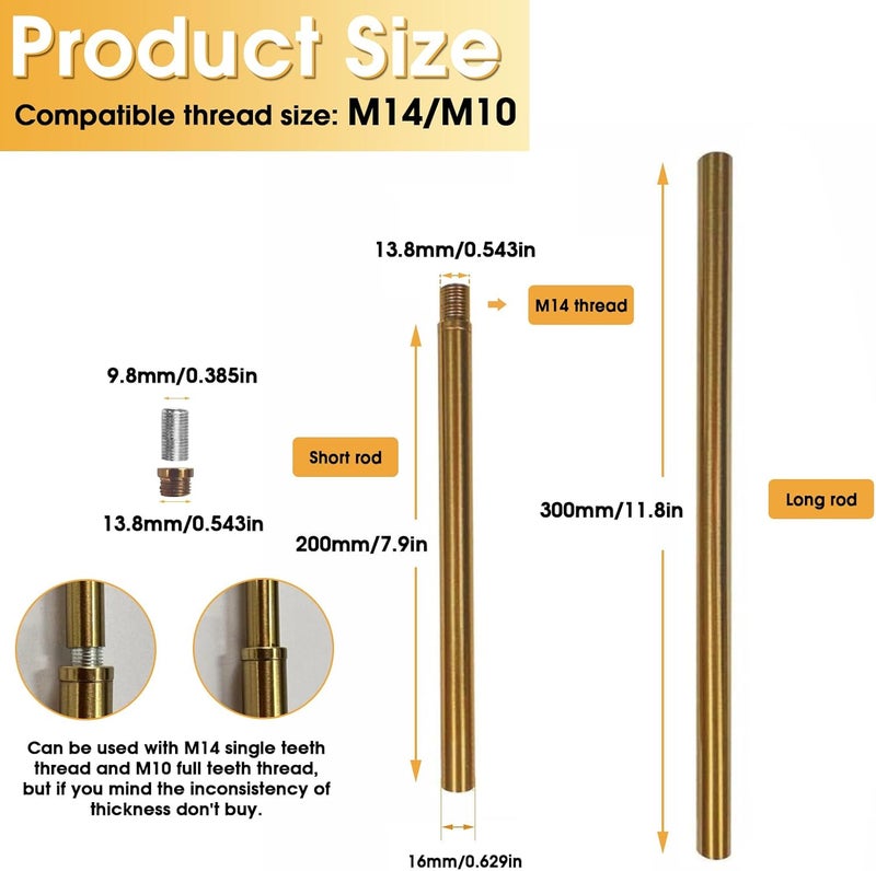 KCO Lighting M14 Threaded Extension Rod 7.89“ and 11.8" Brass Gold Extension Rods Lighting Fixture Downrods Stems Chandelier Extension Rods - Image 1
