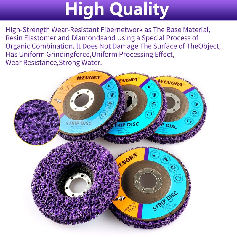 WENORA 10 Pack Strip Discs Stripping Wheel for Angle Grinder, 4-1/2" x 7/8" Rust Remover Discs, Clean and Remove Paint Coating Rust Welds Oxidation(Purple) - Image 3