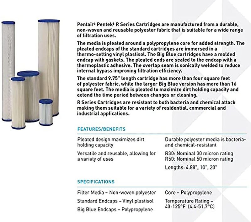 Pentek R50-BB Pleated Polyester Sediment Filter Cartridge - 50 Micron, 9-3/4" x 4-1/2" - Image 4