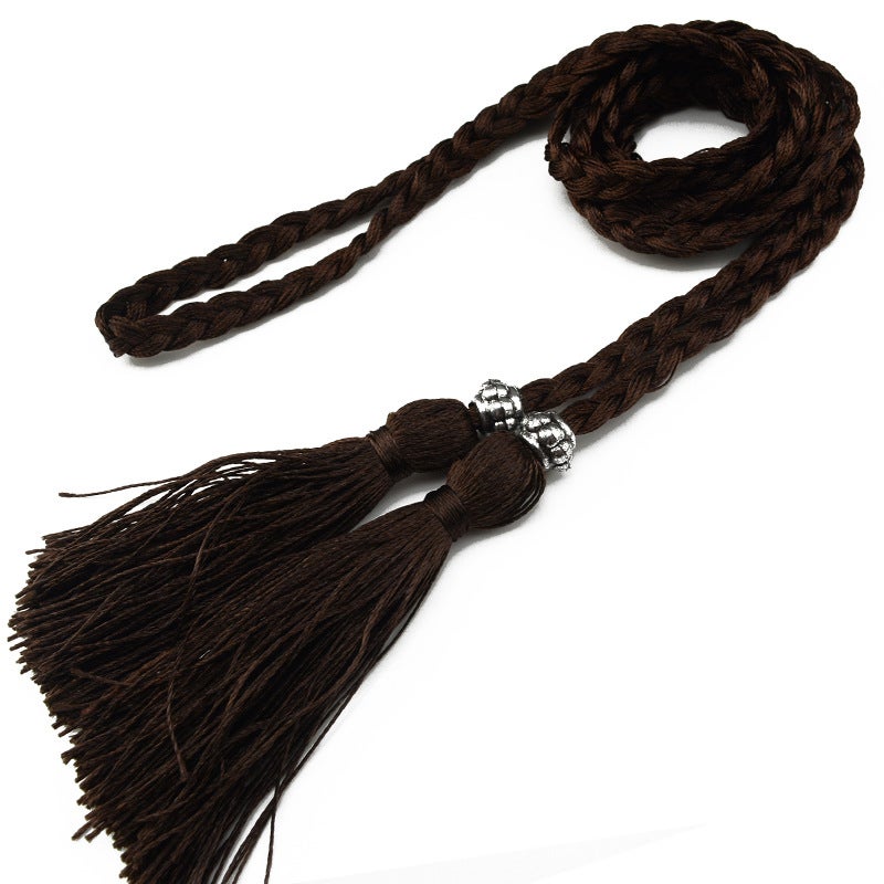 Braided Tassel Belt Ladies Skinny Butterfly Knot Coffee 