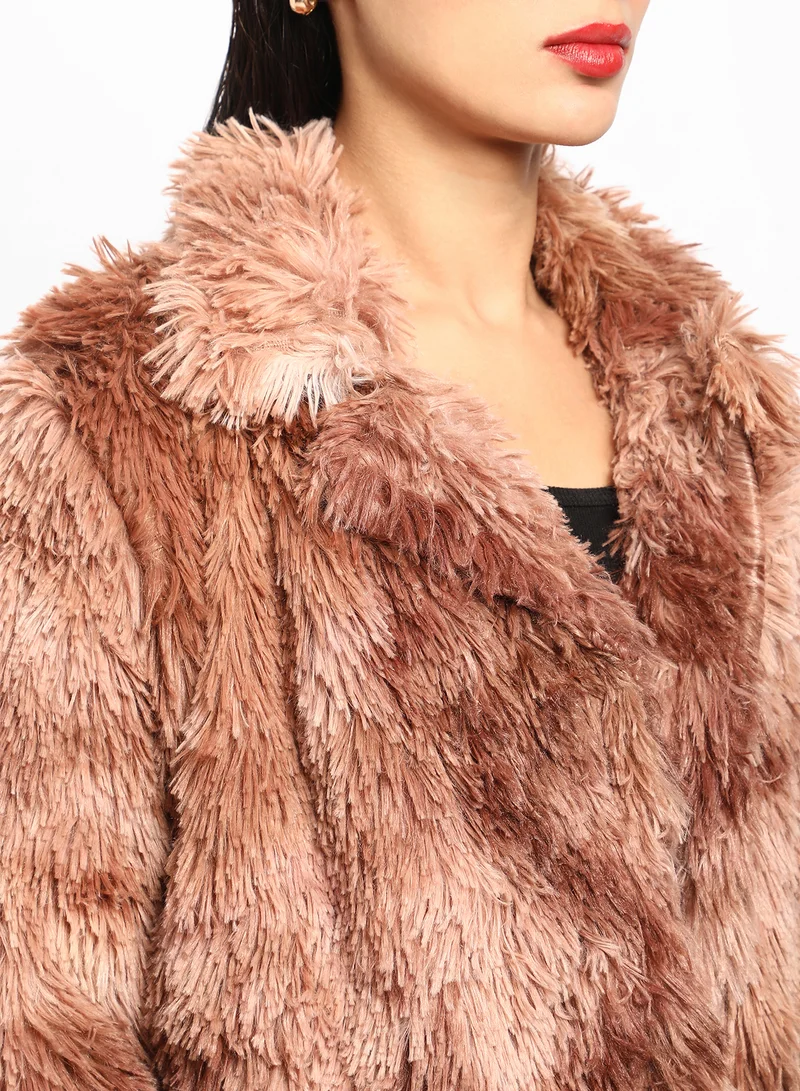 Campus Sutra Women's Chestnut Brown Red Single-Breasted Fleece Long Coat