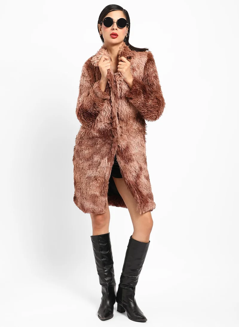 Campus Sutra Women's Chestnut Brown Red Single-Breasted Fleece Long Coat