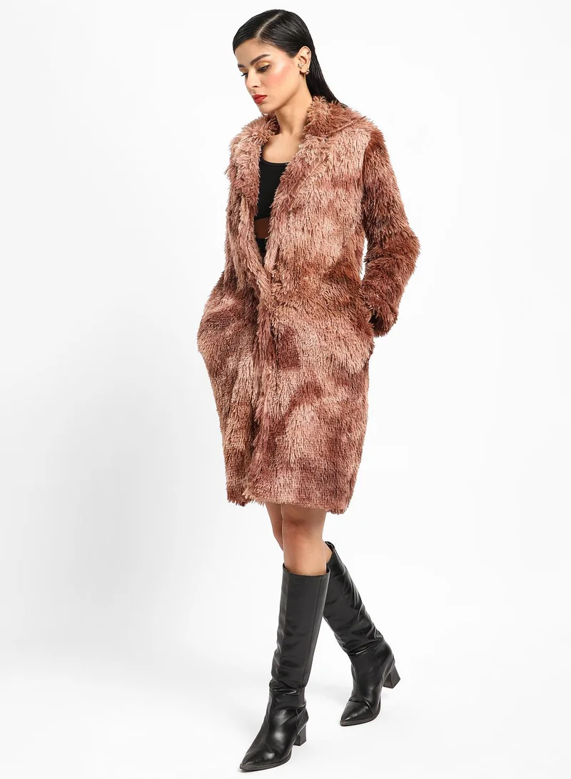 Campus Sutra Women's Chestnut Brown Red Single-Breasted Fleece Long Coat