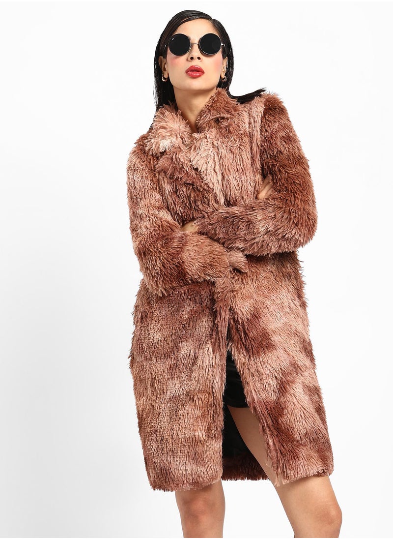 Campus Sutra Women's Chestnut Brown Red Single-Breasted Fleece Long Coat  - Image 1