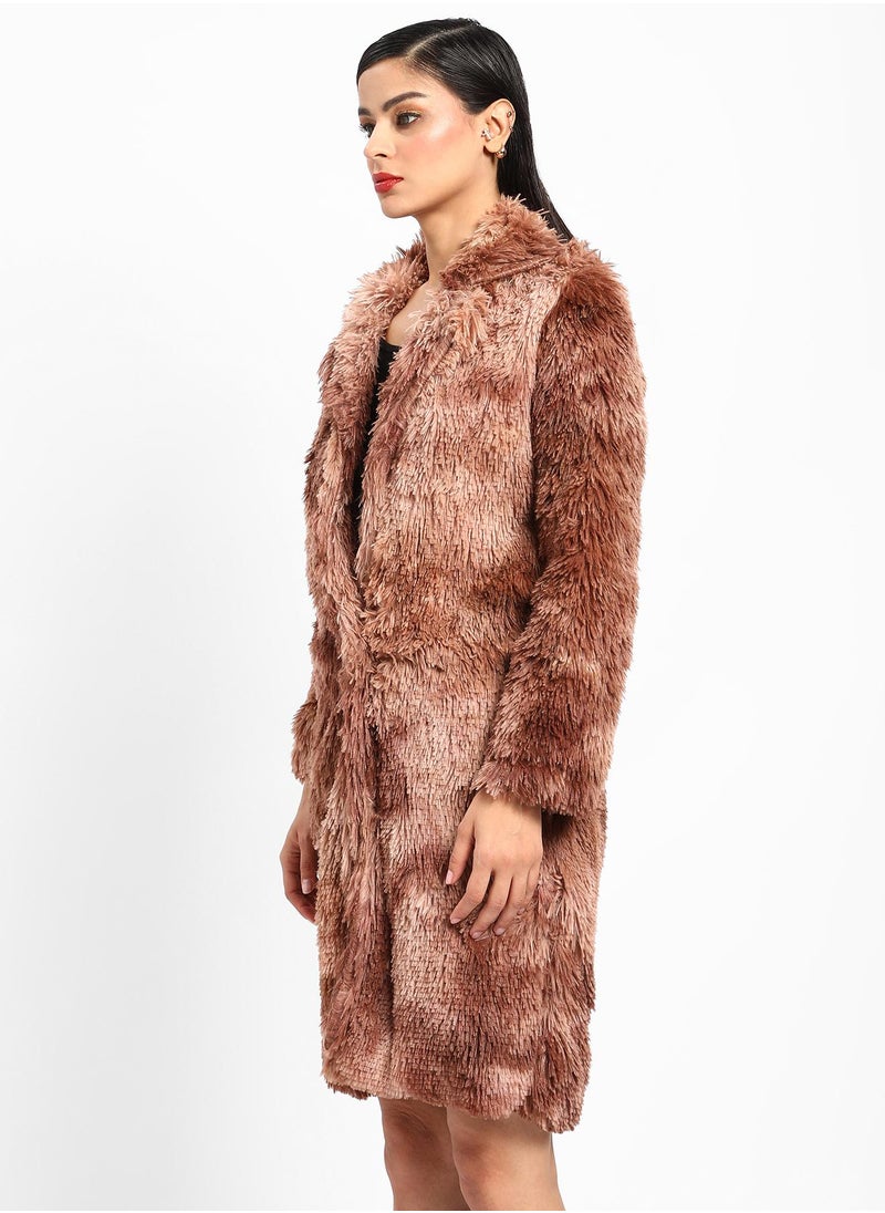 Campus Sutra Women's Chestnut Brown Red Single-Breasted Fleece Long Coat  - Image 3