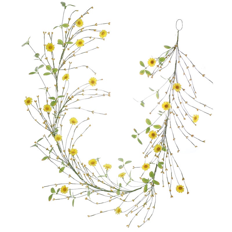 LLZLL Spring Daisy Garlands - 5FT/60IN Long, Yellow, with Green Leaves and Pip Berries for Spring Summer Easter Decorations - Image 1