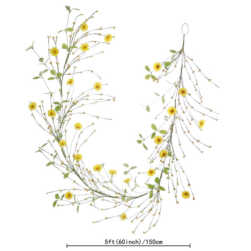 LLZLL Spring Daisy Garlands - 5FT/60IN Long, Yellow, with Green Leaves and Pip Berries for Spring Summer Easter Decorations - Image 2