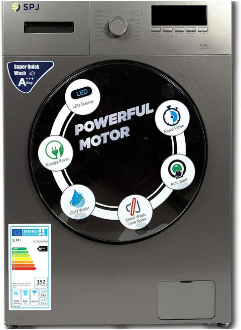 SPJ 6KG Front Load Washing Machine, Full Automatic Washing Machine, LED Display, Multiple Washing Programs & Double Layer Front Door, Color - Dark Grey, FLGRU-6FAM